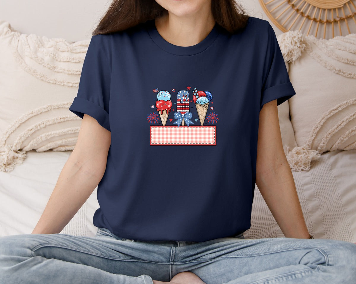 brand:Bella Canvas|color:Navy|4Th Of July Kids Kid Name Bow Graphic T-Shirt