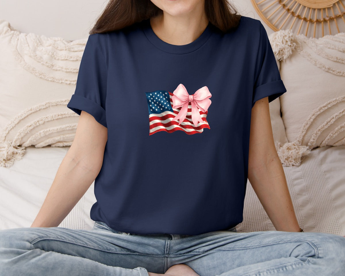 brand:Bella Canvas|color:Navy|4Th Of July Distressed Coquette Graphic T-Shirt