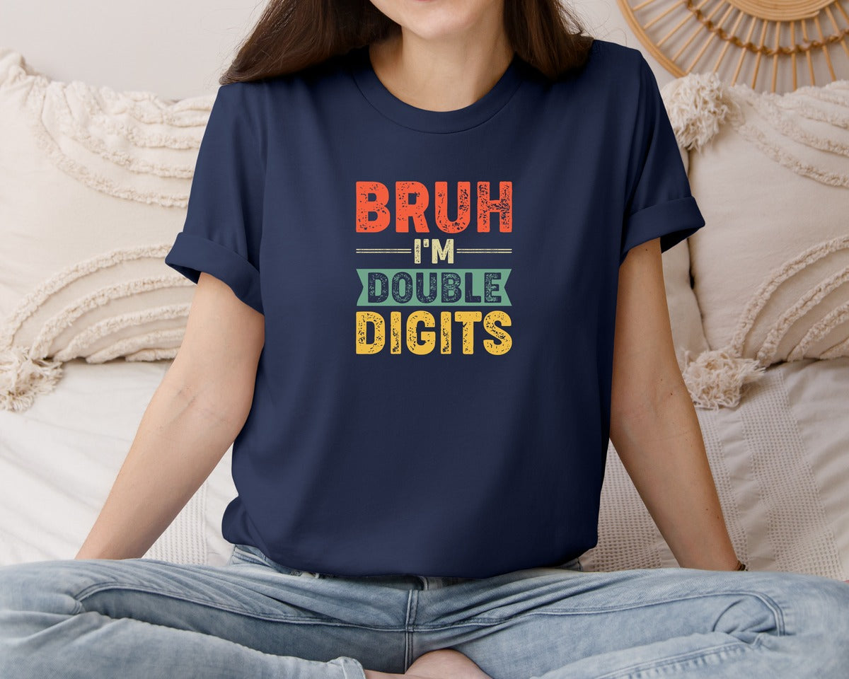 brand:Bella Canvas|color:Navy|Bruh Im Double Digits 10Th Birthday Graphic T-Shirt