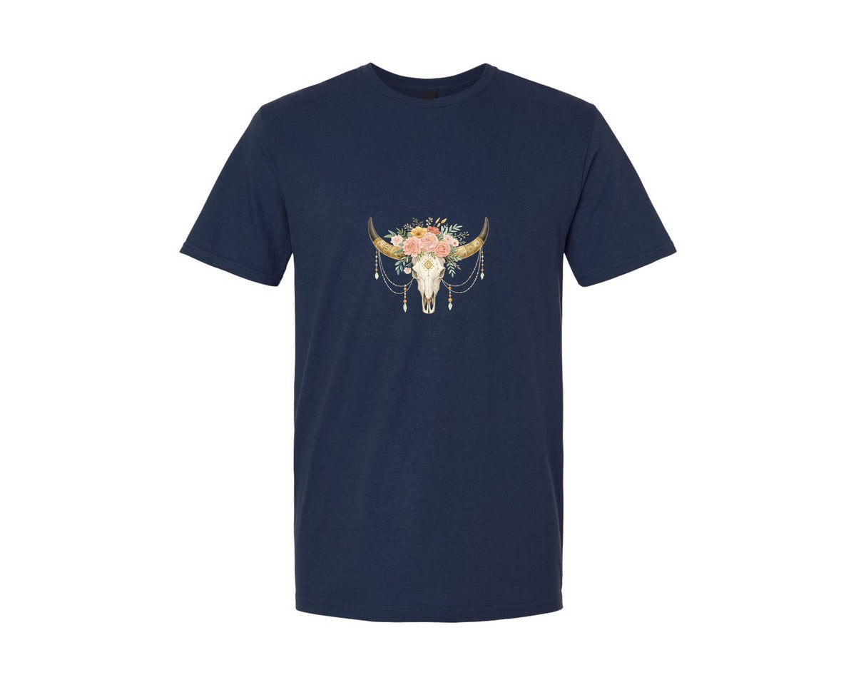 brand:Generic|color:Navy|Rose Flowers Western Bull Skull Longhorn 5 Graphic T-Shirt