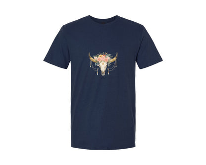 brand:Generic|color:Navy|Rose Flowers Western Bull Skull Longhorn 5 Graphic T-Shirt