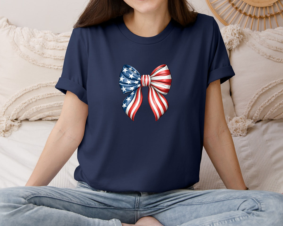 brand:Bella Canvas|color:Navy|Patriotic Bow American Flag Graphic T-Shirt