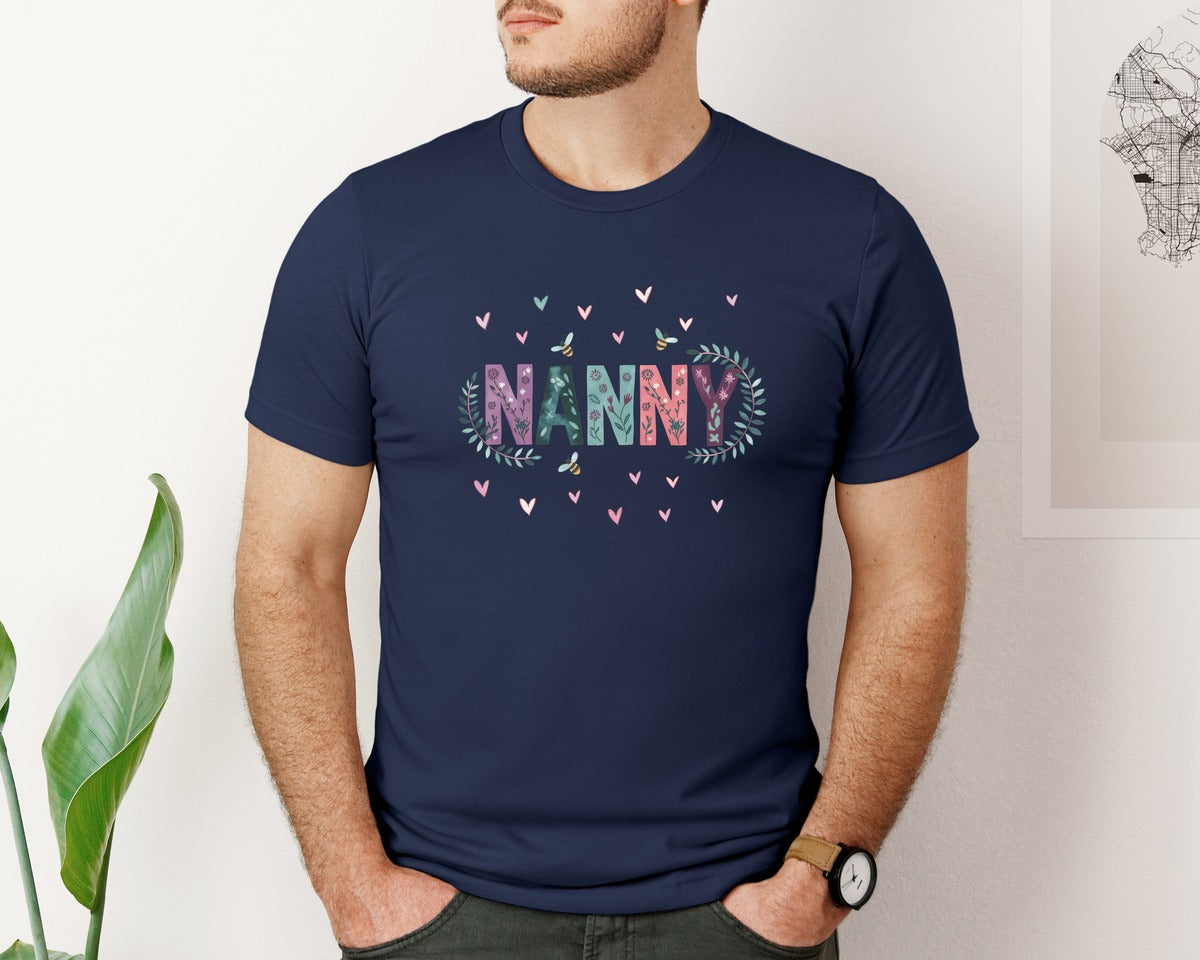 brand:Bella Canvas|color:Navy|Retro Nanny Flowers Hearts Graphic T-Shirt