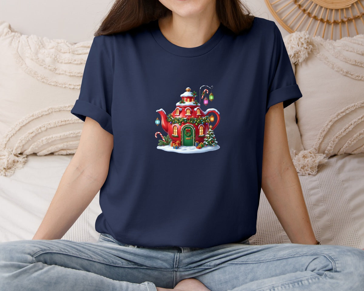 brand:Bella Canvas|color:Navy|Christmas Teapot House Graphic T-Shirt