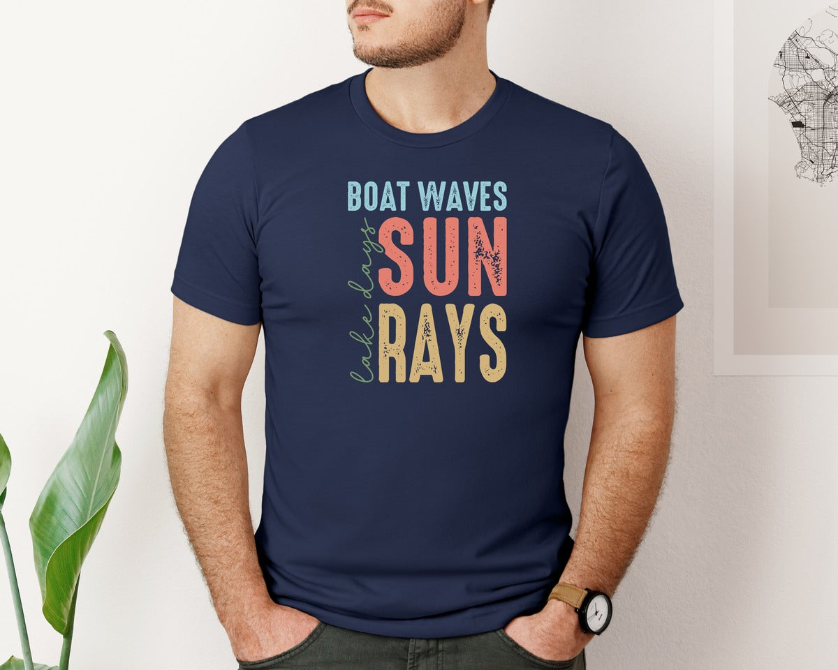 brand:Bella Canvas|color:Navy|Boat Waves Sun Ray Lake Days Summer Graphic T-Shirt