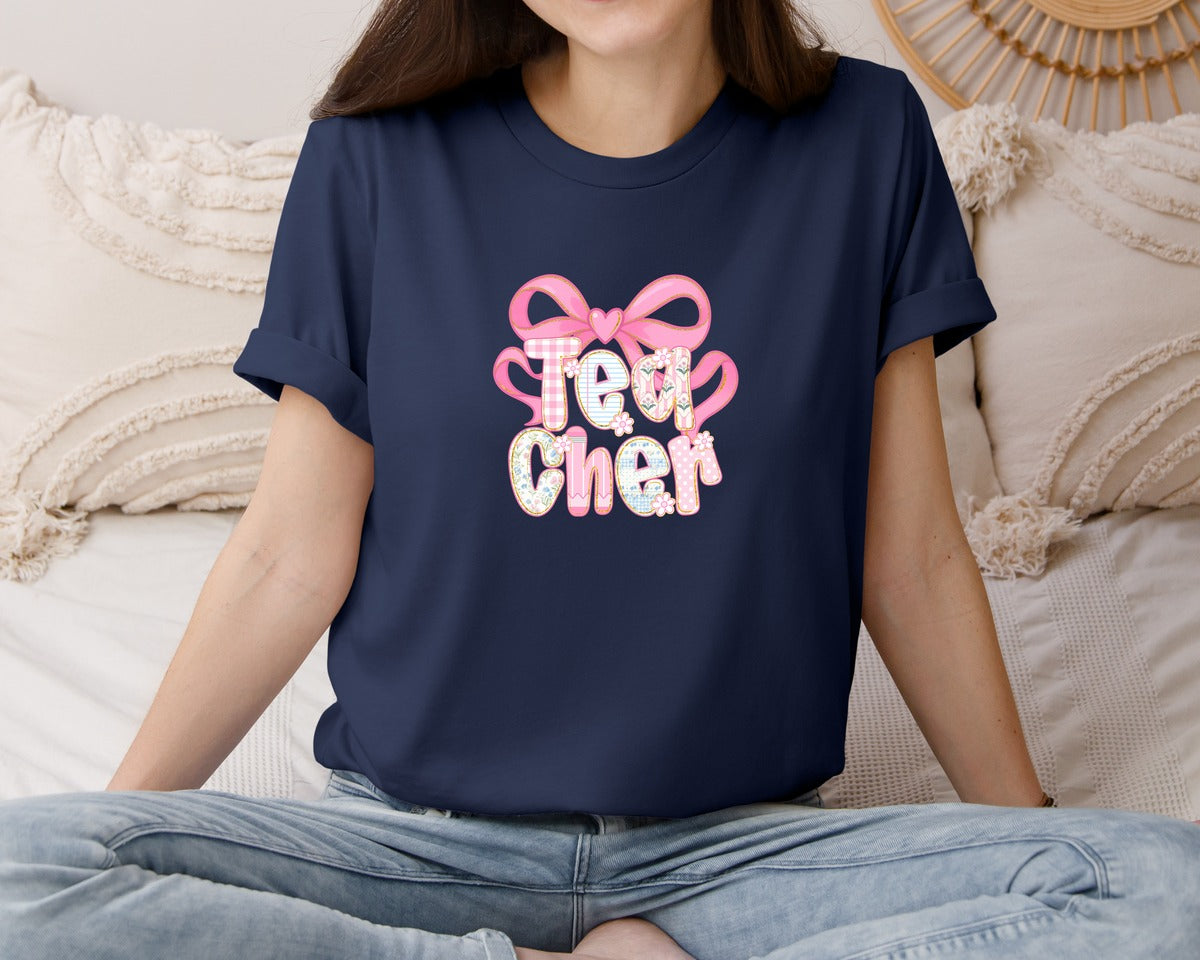 brand:Bella Canvas|color:Navy|Pink Heart Bow Teacher Patch Graphic T-Shirt