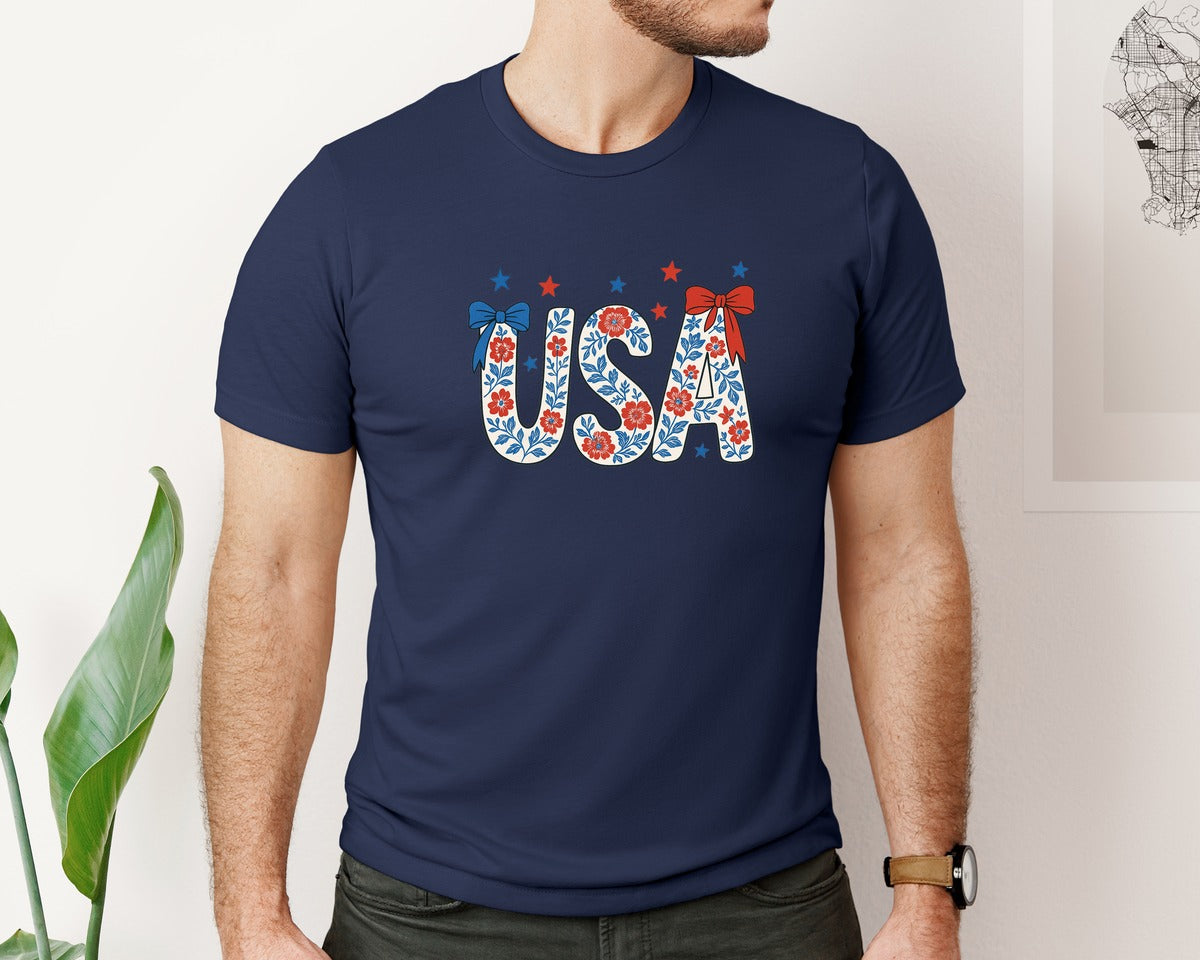 brand:Bella Canvas|color:Navy|Floral Coquette Usa Retro America 3 Graphic T-Shirt