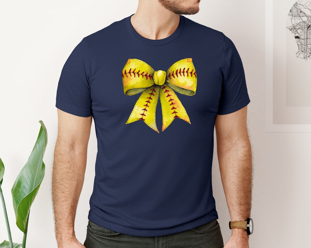 brand:Bella Canvas|color:Navy|Retro Softball Bow Mama Design Mom Graphic T-Shirt