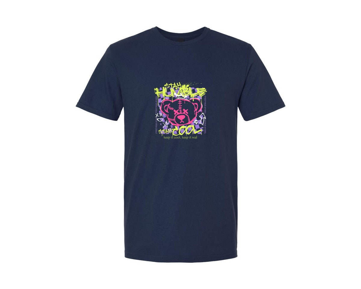 brand:Generic|color:Navy|Stay Humble Bear Doll Graffiti Design Graphic T-Shirt