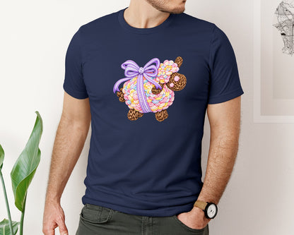 brand:Bella Canvas|color:Navy|Faux Crochet Brushstroke Easter Lamb Graphic T-Shirt