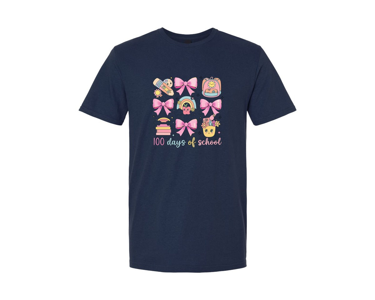 brand:Generic|color:Navy|Cute Pink Bow 100 Days Of School Graphic T-Shirt