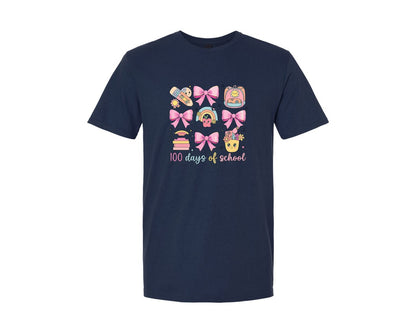 brand:Generic|color:Navy|Cute Pink Bow 100 Days Of School Graphic T-Shirt