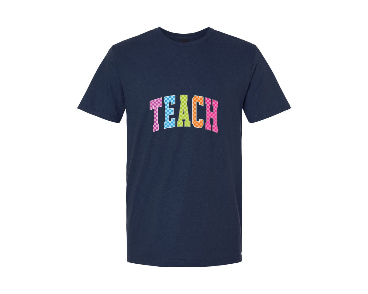 brand:Generic|color:Navy|Teacher Checkered Teach Neon Preppy Graphic T-Shirt