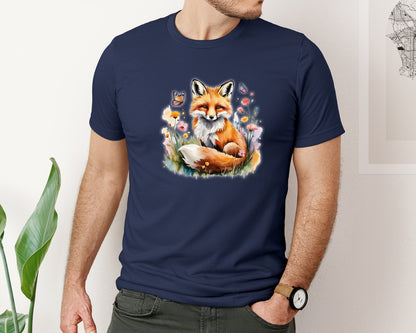brand:Bella Canvas|color:Navy|Watercolor Fox With Flowers Spring Graphic T-Shirt