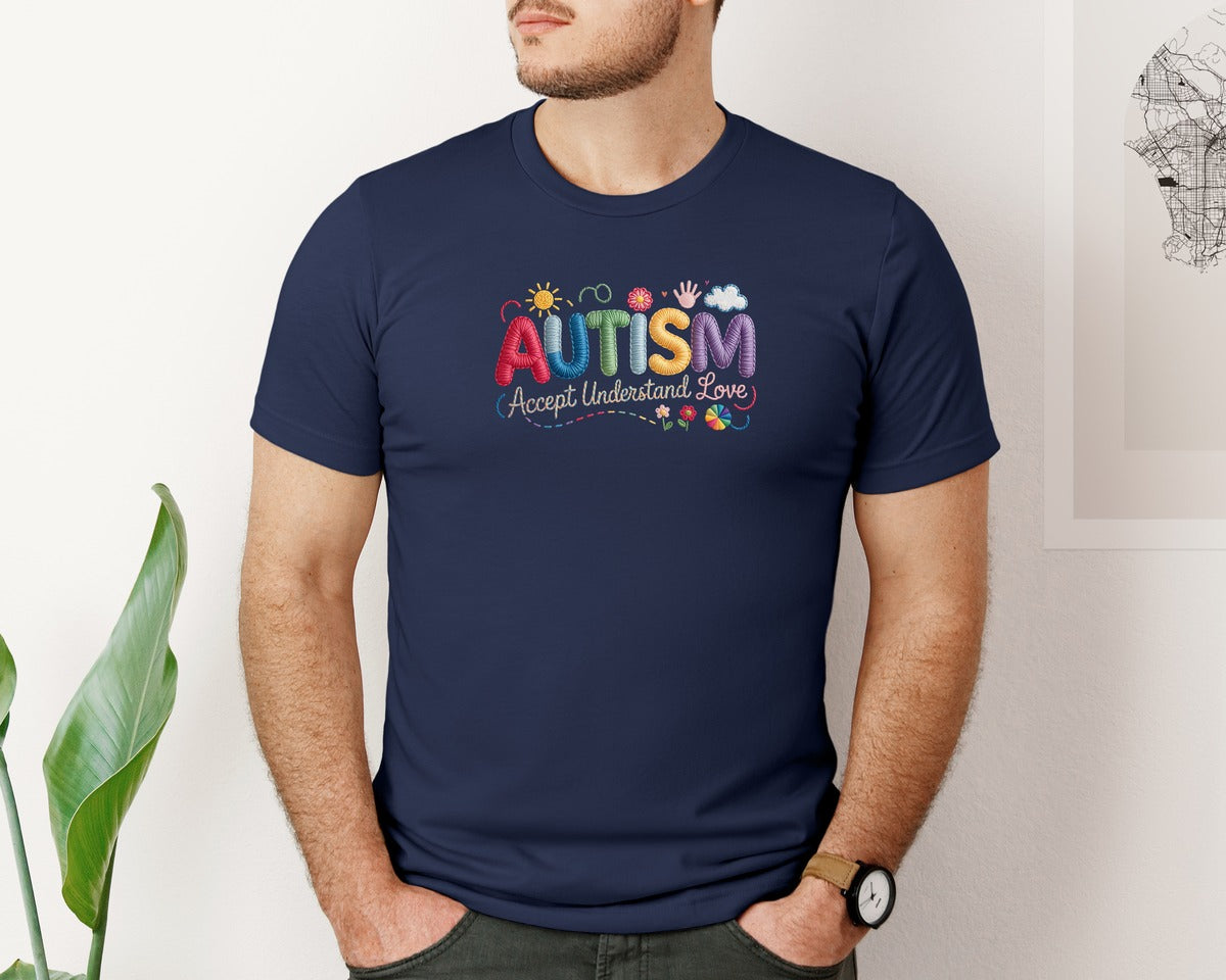 brand:Bella Canvas|color:Navy|Faux Yarn Autism Accept Understand Love Graphic T-Shirt