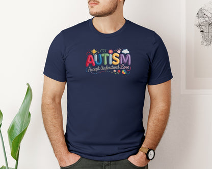 brand:Bella Canvas|color:Navy|Faux Yarn Autism Accept Understand Love Graphic T-Shirt