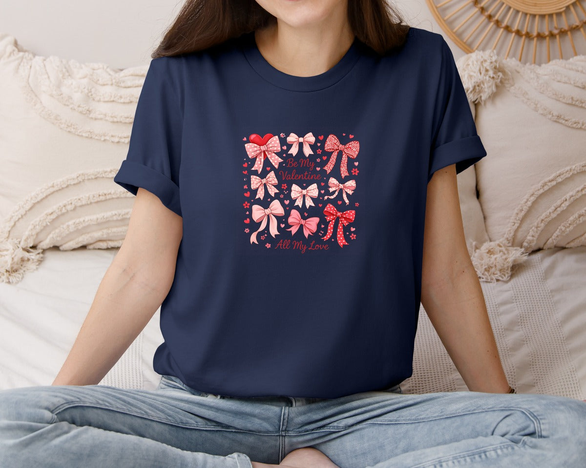 brand:Bella Canvas|color:Navy|Coquette Bows Valentines Day Pink Graphic T-Shirt