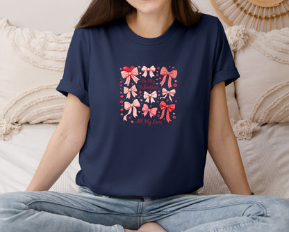 brand:Bella Canvas|color:Navy|Coquette Bows Valentines Day Pink Graphic T-Shirt