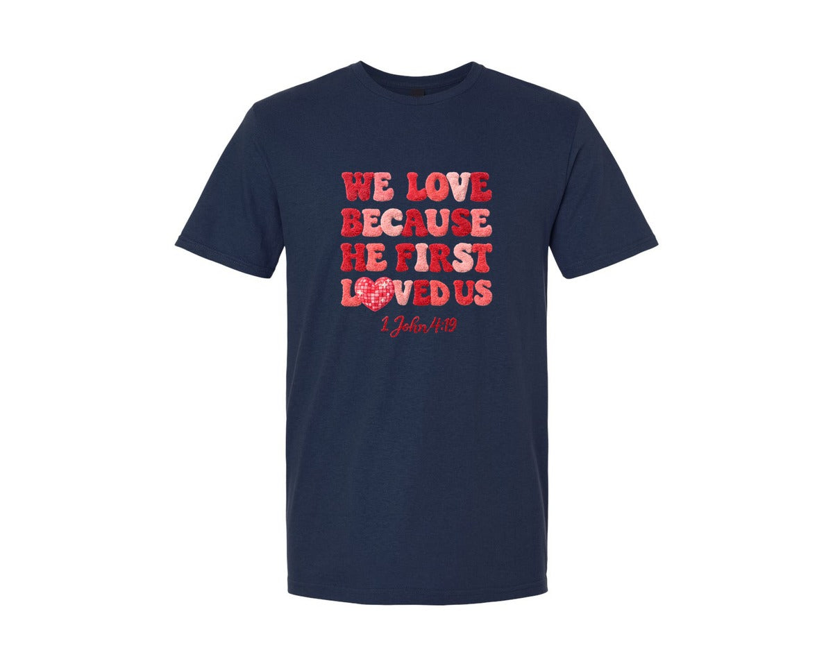 brand:Generic|color:Navy|He Loved Us First Valentines Day Jesus Graphic T-Shirt