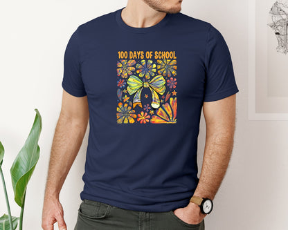 brand:Bella Canvas|color:Navy|Preppy 100 Days School Pencil Bow Graphic T-Shirt
