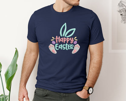 brand:Bella Canvas|color:Navy|Happy Easter Faux Crochet Embroidery Pn Graphic T-Shirt