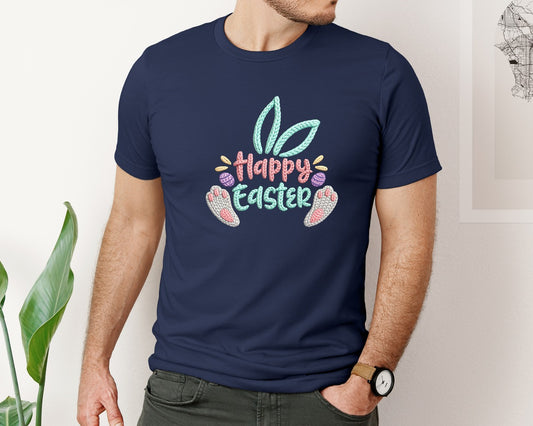 Happy Easter Faux Crochet Embroidery Pn Graphic T-Shirt