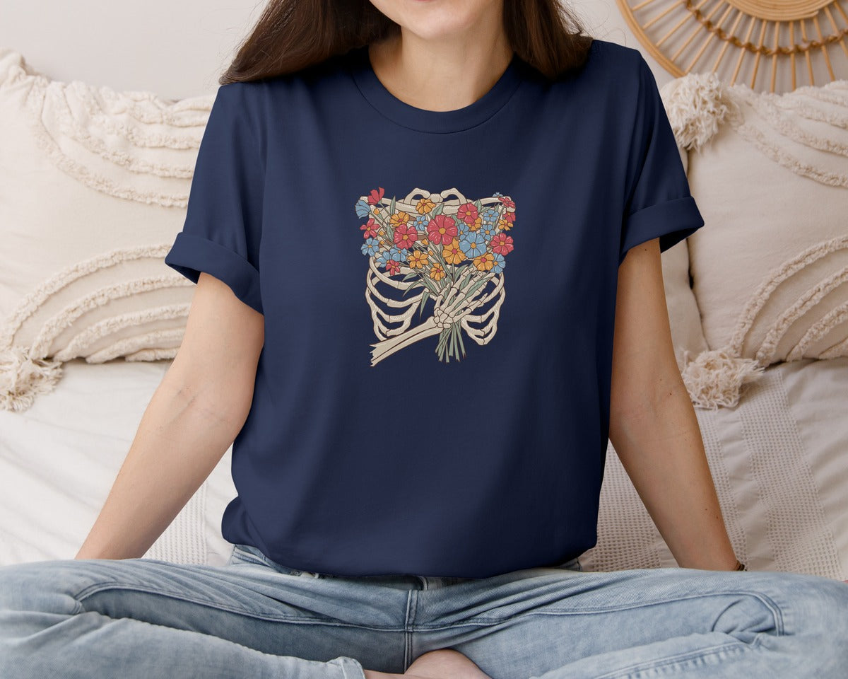 brand:Bella Canvas|color:Navy|Skeleton Flowers Aesthetic Graphic T-Shirt