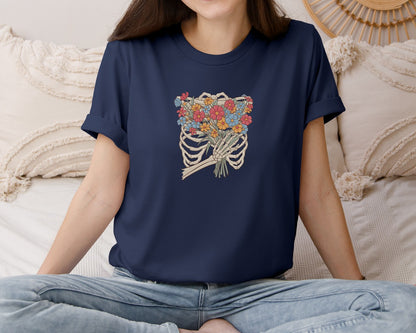 brand:Bella Canvas|color:Navy|Skeleton Flowers Aesthetic Graphic T-Shirt