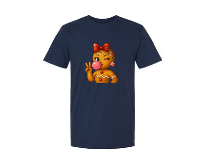 brand:Generic|color:Navy|Gingerbread Girl Blowing Bubble Gum Graphic T-Shirt