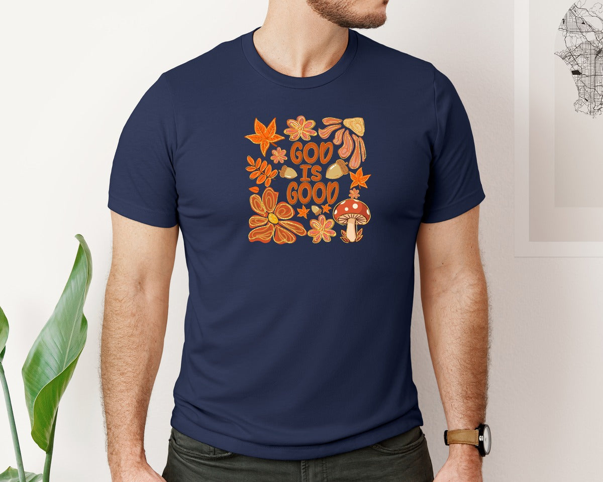 brand:Bella Canvas|color:Navy|Floral Fall Christian God Is Good Graphic T-Shirt