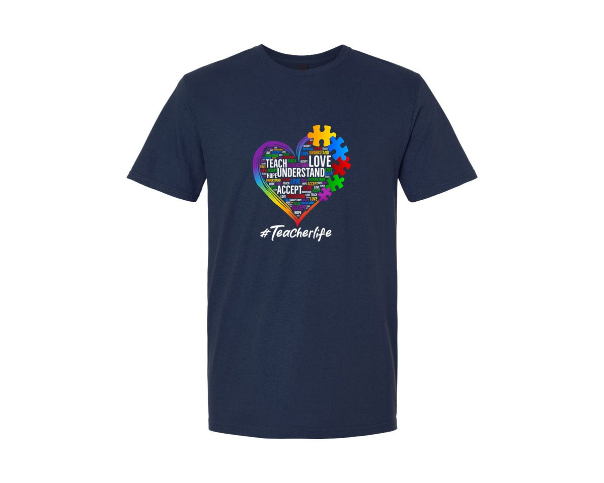 brand:Generic|color:Navy|Autism Awareness Heart Teacher Life Graphic T-Shirt
