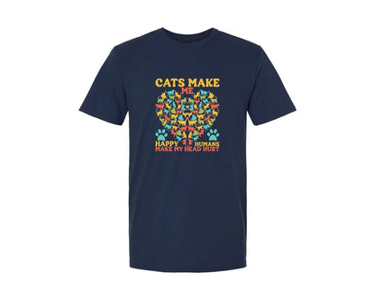 brand:Generic|color:Navy|Cats Make Me Happy Cat Heart Shape Graphic T-Shirt