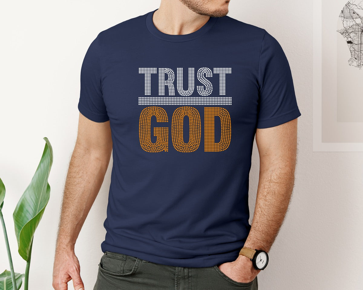 brand:Bella Canvas|color:Navy|Trust God Rhinestone Templates Design Graphic T-Shirt