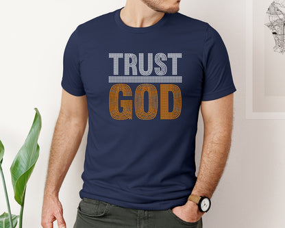 brand:Bella Canvas|color:Navy|Trust God Rhinestone Templates Design Graphic T-Shirt
