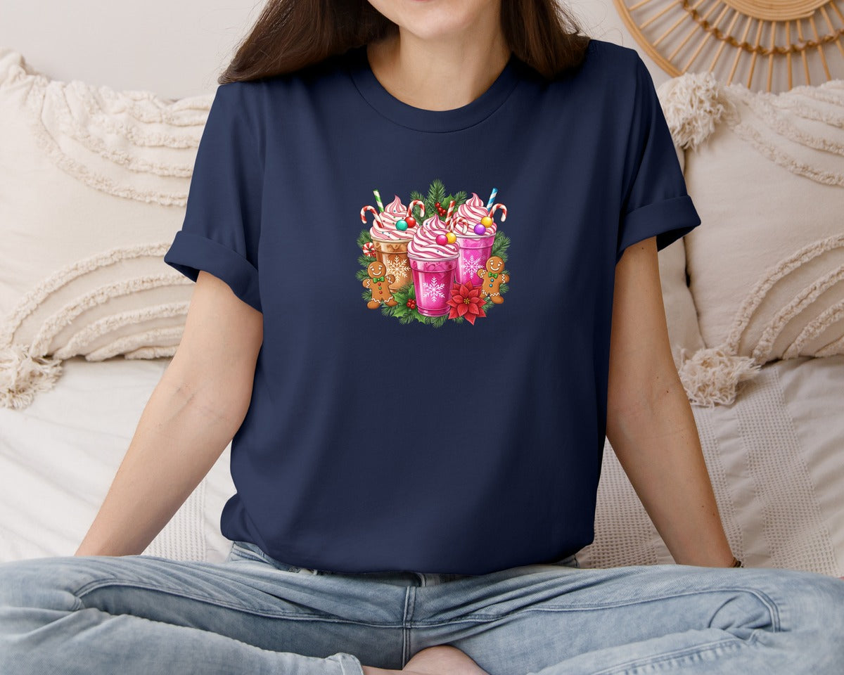 brand:Bella Canvas|color:Navy|Festive Holiday Drink Illustration Graphic T-Shirt