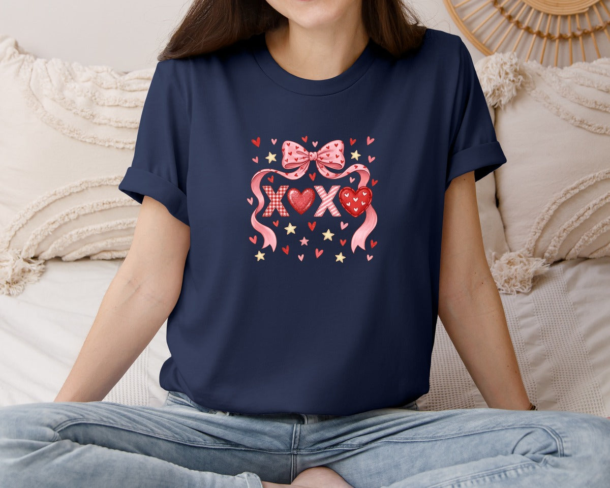 brand:Bella Canvas|color:Navy|Xoxo Coquette Bow Valentine Shirt Graphic T-Shirt
