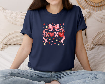 brand:Bella Canvas|color:Navy|Xoxo Coquette Bow Valentine Shirt Graphic T-Shirt