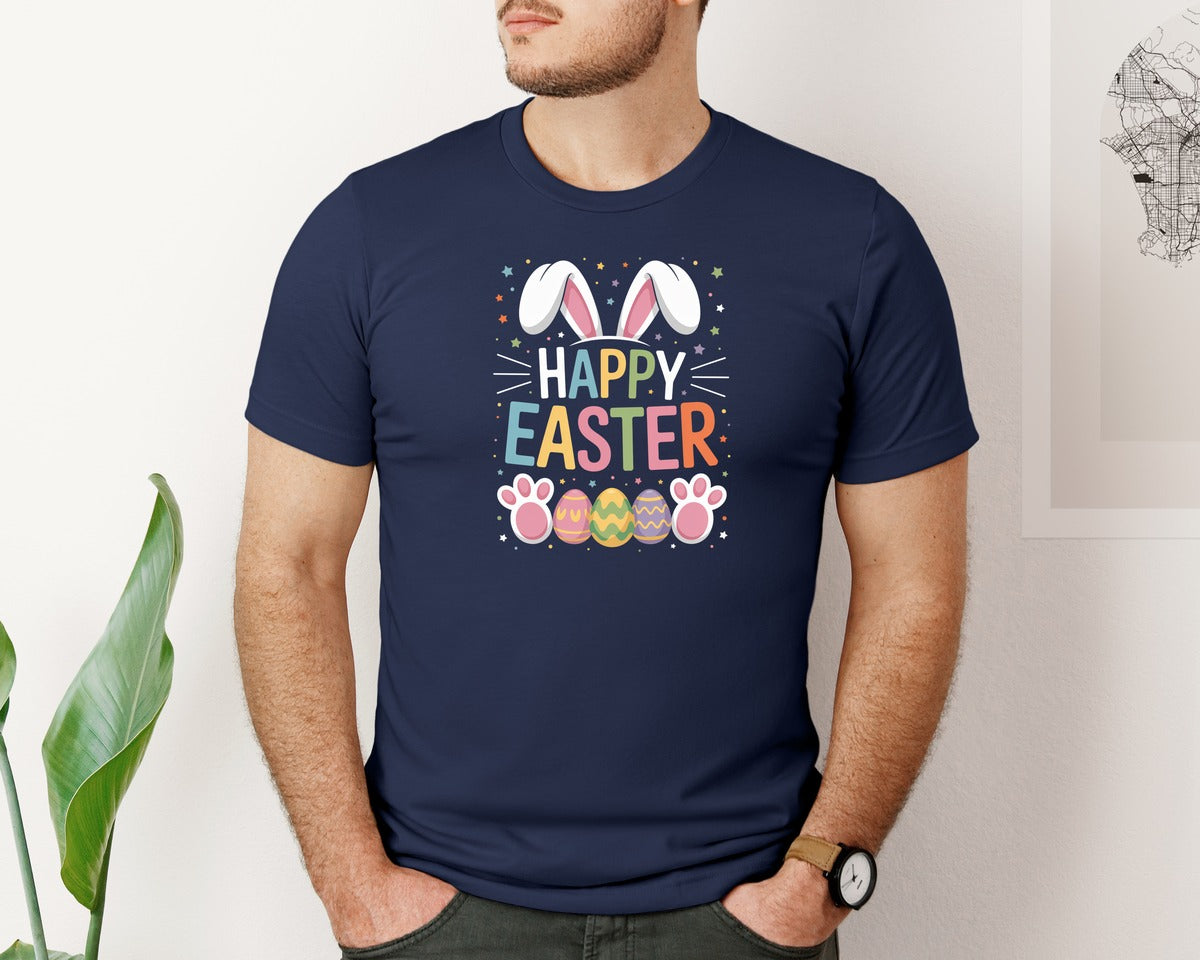 brand:Bella Canvas|color:Navy|Happy Easter Bunny Cute Easter 3 Graphic T-Shirt