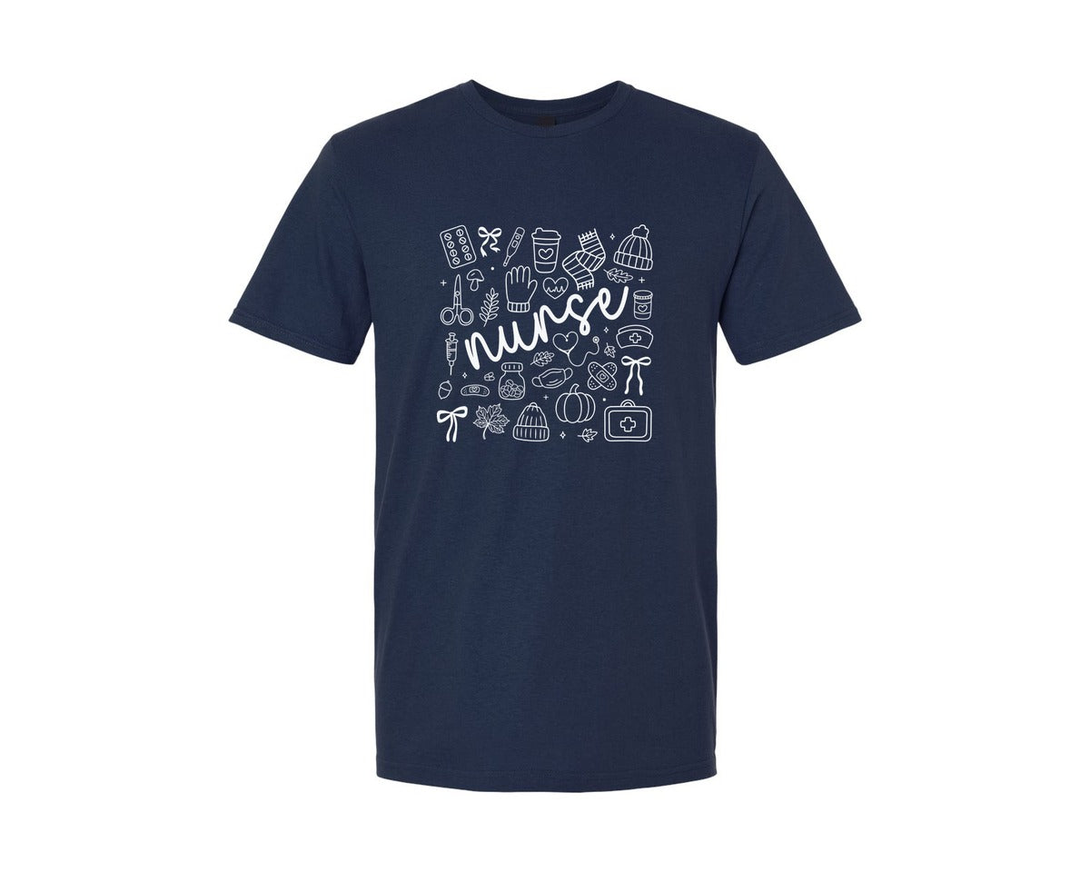 brand:Generic|color:Navy|Fall Nurse Retro Autumn Nurse Doodle Graphic T-Shirt