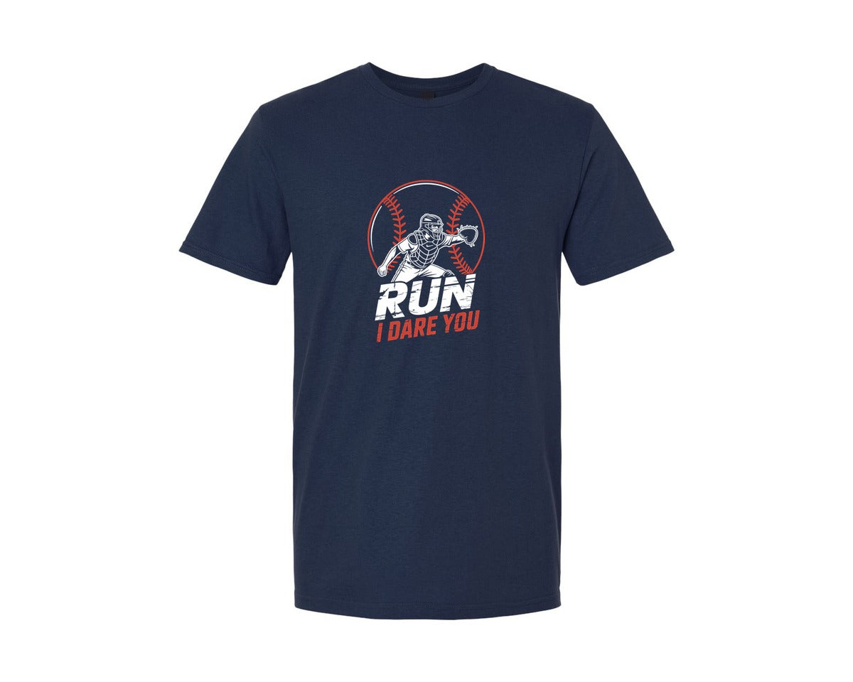 brand:Generic|color:Navy|Run I Dare You Retro Baseball Design Graphic T-Shirt