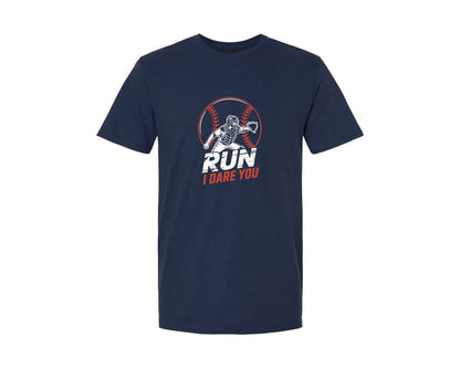 brand:Generic|color:Navy|Run I Dare You Retro Baseball Design Graphic T-Shirt