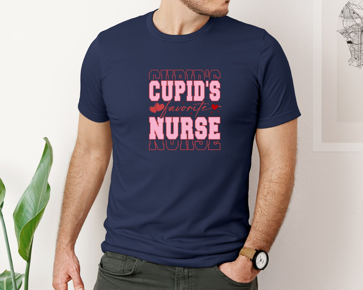 brand:Bella Canvas|color:Navy|Cupids Favorite Nurse Valentin Graphic T-Shirt