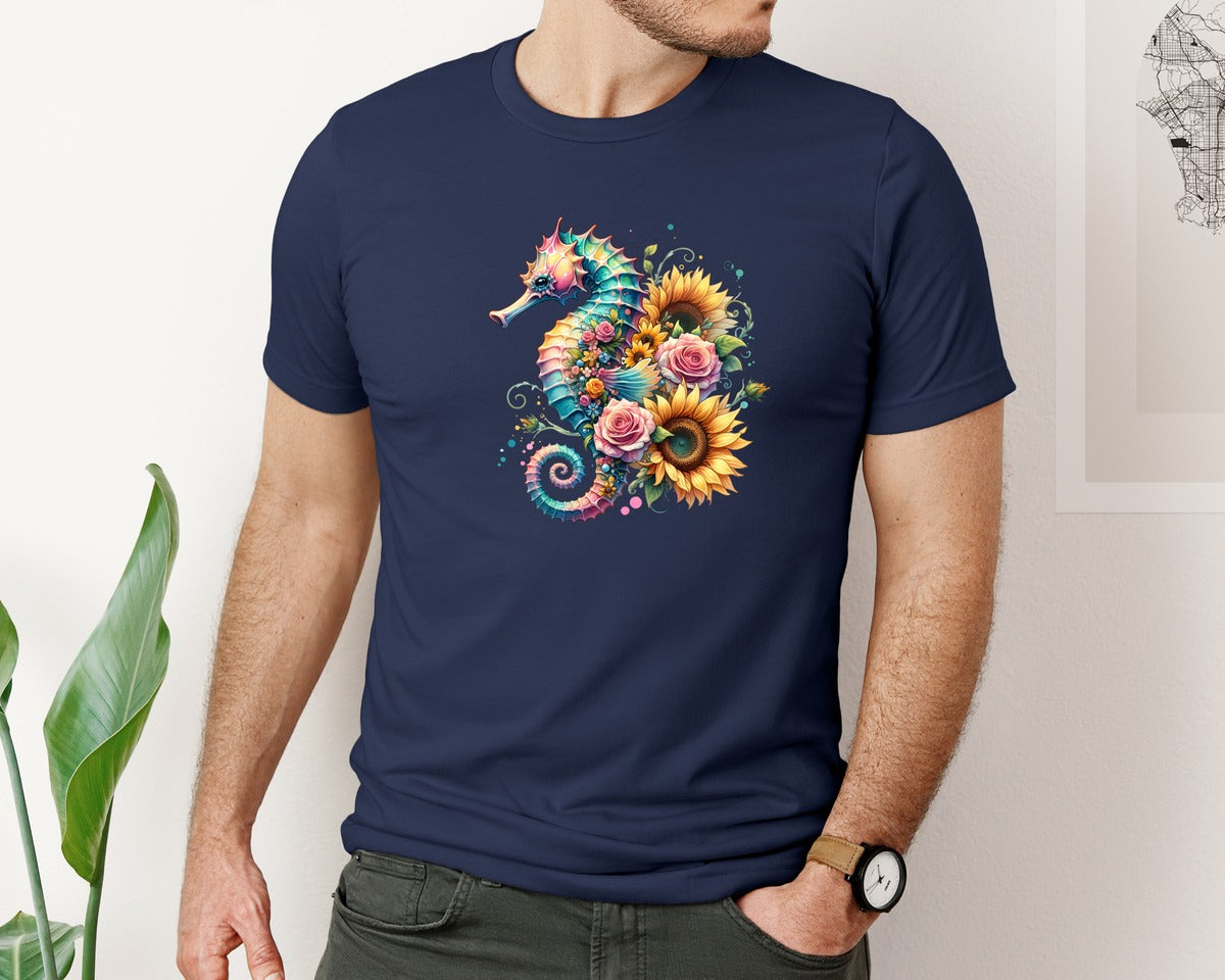 brand:Bella Canvas|color:Navy|Ocean Seahorse Sunflowers Roses Graphic T-Shirt