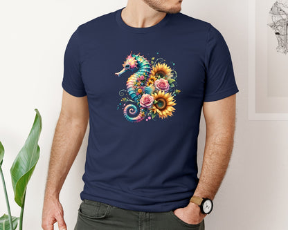 brand:Bella Canvas|color:Navy|Ocean Seahorse Sunflowers Roses Graphic T-Shirt