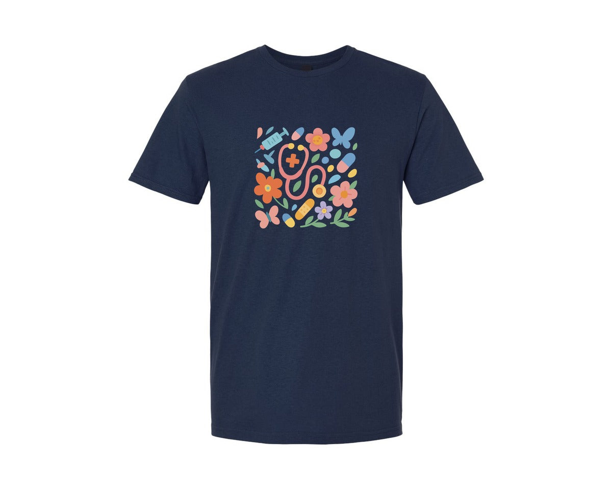 brand:Generic|color:Navy|Aesthetic Boho Nurse Stethoscope Graphic T-Shirt