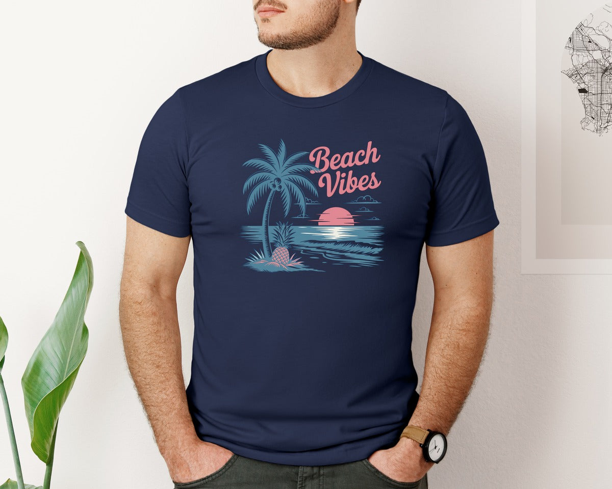 brand:Bella Canvas|color:Navy|Retro Vintage Beach Vibes Summer Beach Graphic T-Shirt