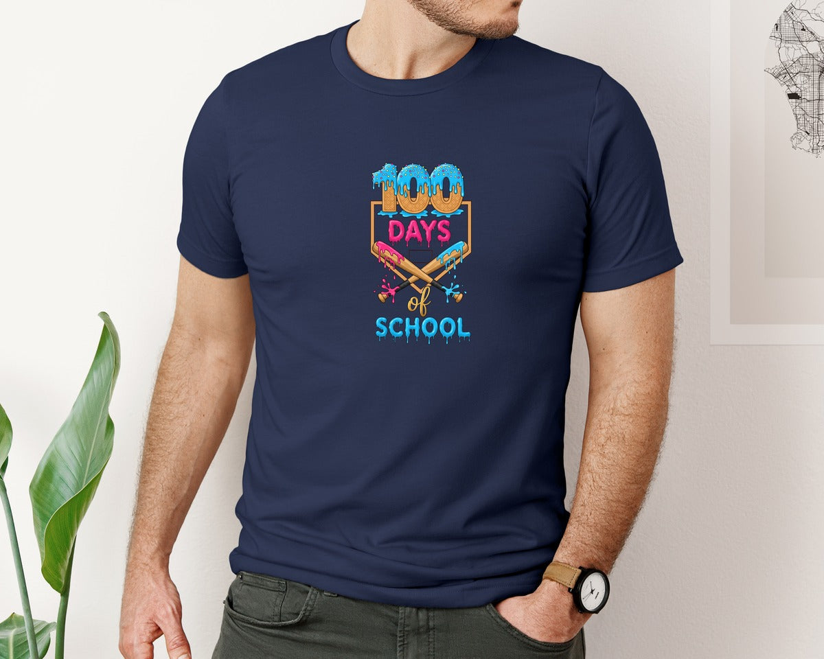 brand:Bella Canvas|color:Navy|100 Days Of School Ice Cream Baseball Pn Graphic T-Shirt