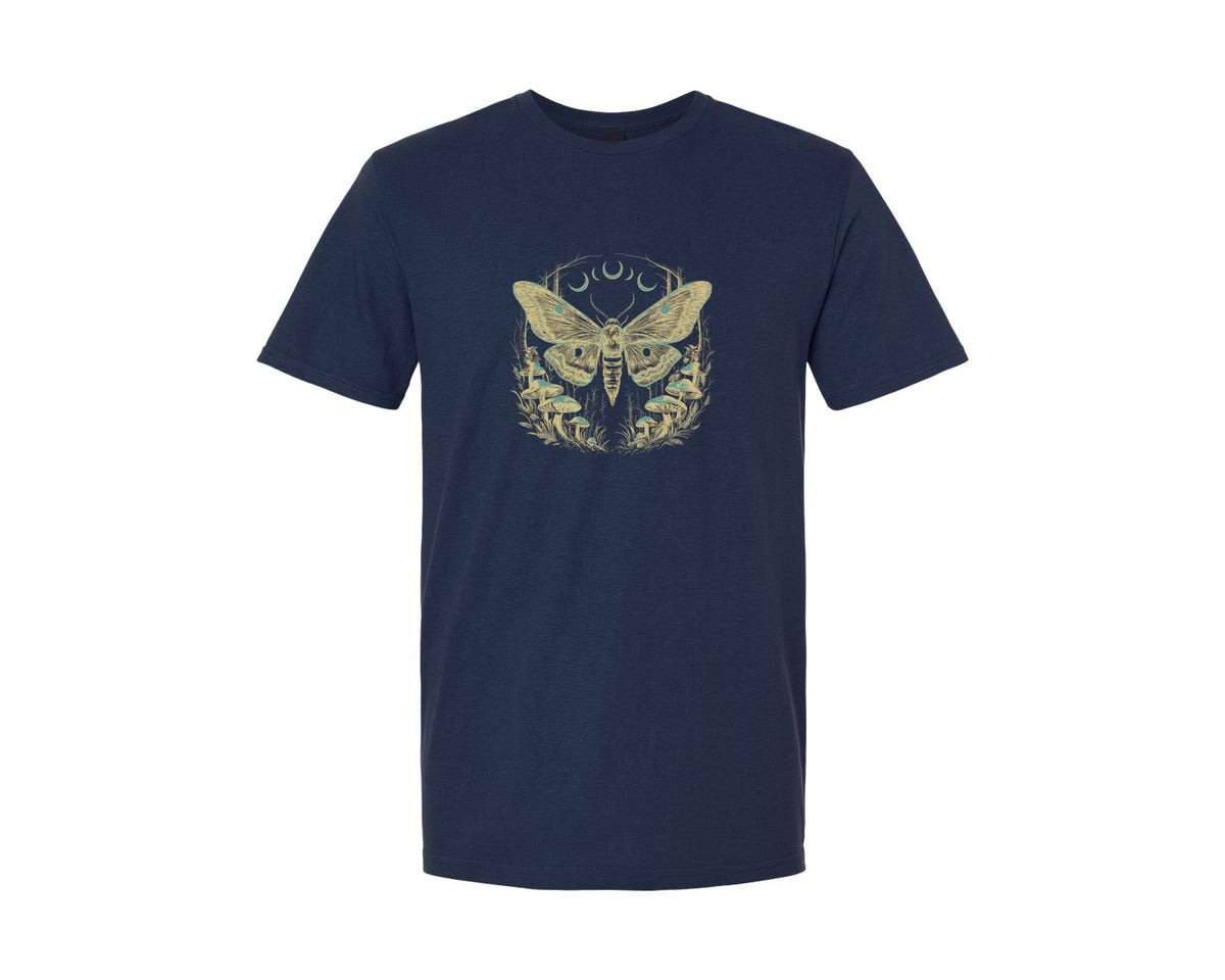 brand:Generic|color:Navy|Crescent Moon Phase Moth Butterfly Graphic T-Shirt