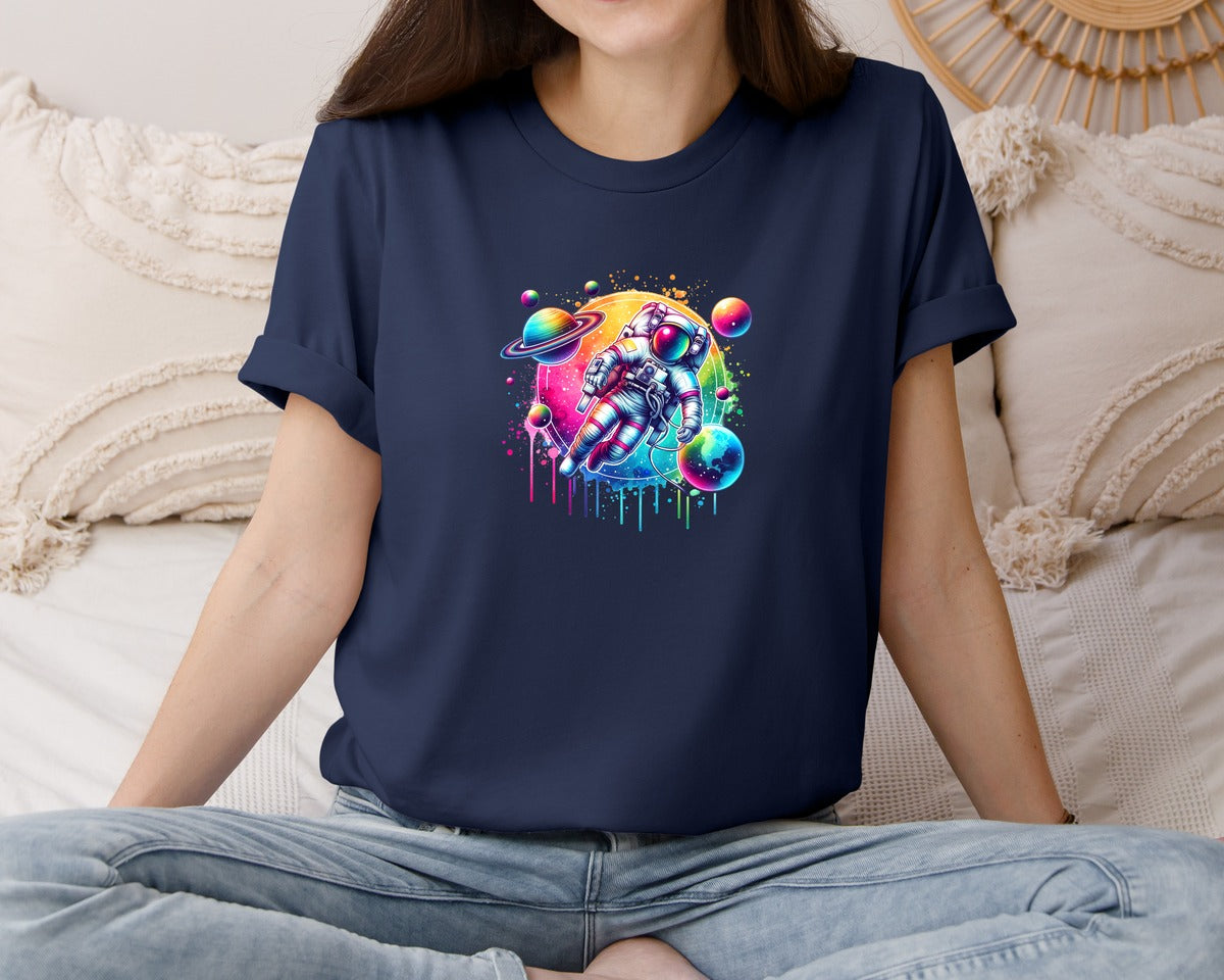 brand:Bella Canvas|color:Navy|Colorful Neon Astronaut Planets 2 Graphic T-Shirt