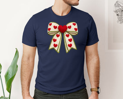 brand:Bella Canvas|color:Navy|Crochet Valentines Day Bow Graphic T-Shirt